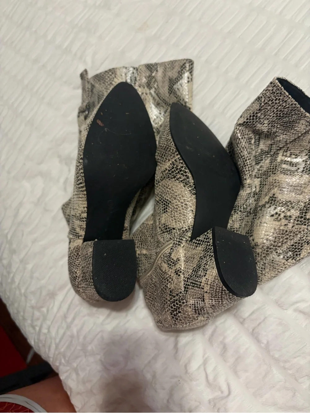 Snake-Print Mid-Calf Block Heel Boots - Beige/Black